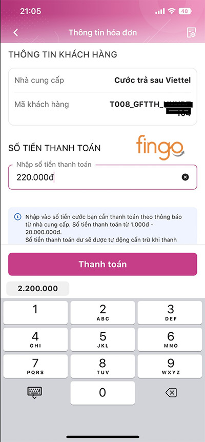 Nhập số tiền cước phí thanh toán