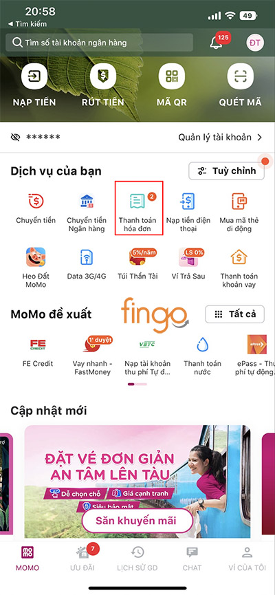 Chọn Thanh toán hóa đơn