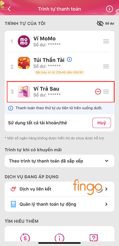 Di chuyển Ví Trả Sau MoMo lên vị trí đầu tiên