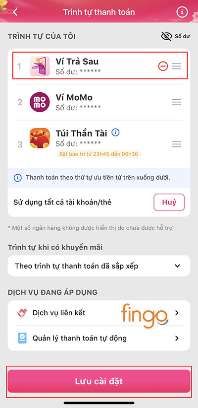 Sau khi di chuyển thư tự thanh toán thì Lưu cài đặt