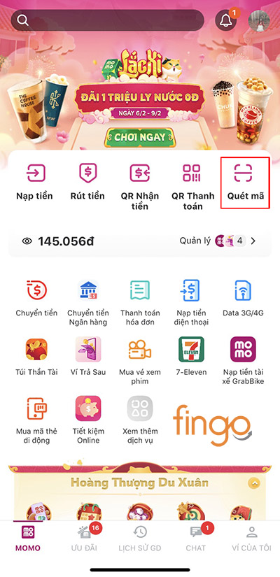 Khi thực hiện thanh toán hóa đơn, vào MoMo, chọn Quét mã
