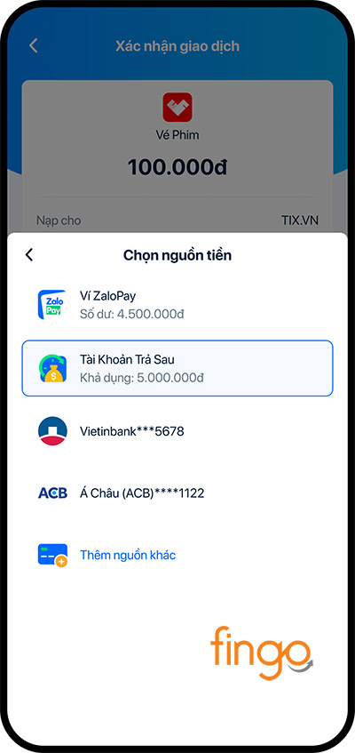 Chọn nguồn tiền là Tài khoản trả sau