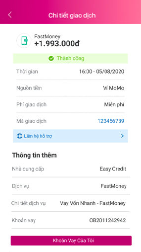 Nhận thông báo vay thành công