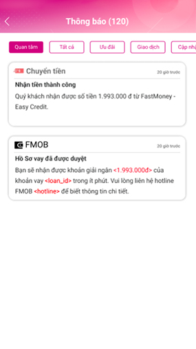 Nhận thông báo giải ngân khoản vay thành công