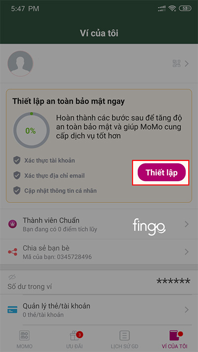Nhấn Thiết lập