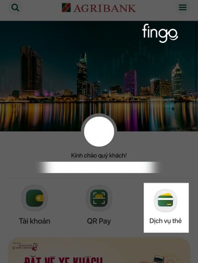 Chọn dịch vụ thẻ để hệ thống hiện tùy chọn thẻ phi vật lý Agribank