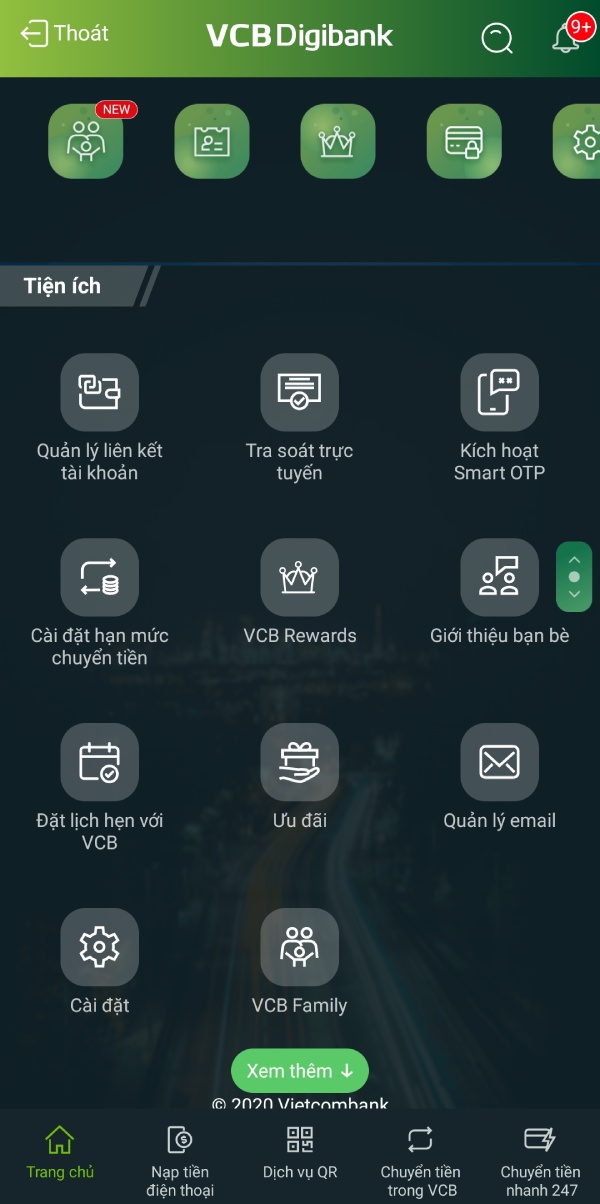 Đăng nhập vào app Vietcombank Digibank, kéo xuống phần "Tiện ích".