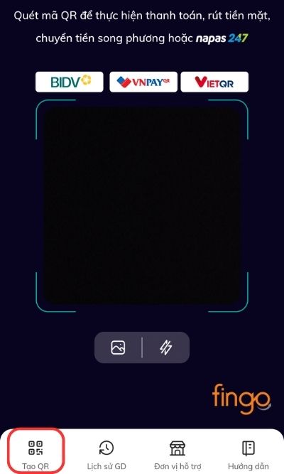 Tại màn hình quét mã QR, chọn "Tạo QR".