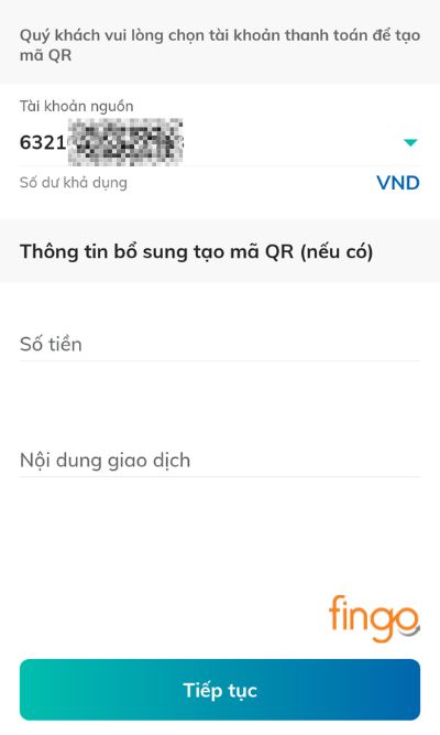 Chọn tài khoản nguồn , khách hàng có thể thêm thông tin bổ sung tạo mã QR. Nhấn "Tiếp tục".
