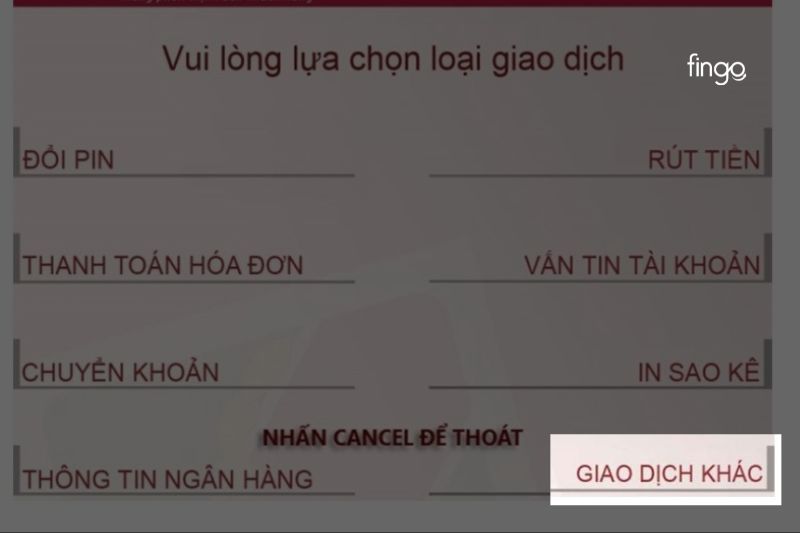 Nhập mã pin, ngôn ngữ và chọn giao dịch khác