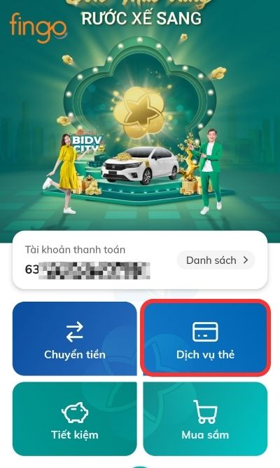 Đăng nhập ứng dụng SmartBanking BIDV, chọn Dịch vụ thẻ.