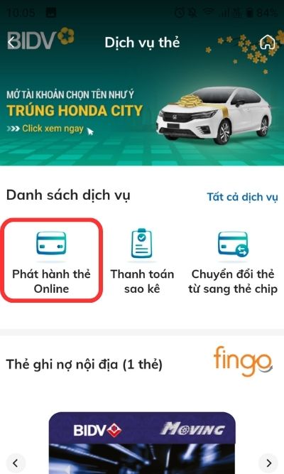 Chọn Phát hành thẻ Online ở mục Danh sách dịch vụ.