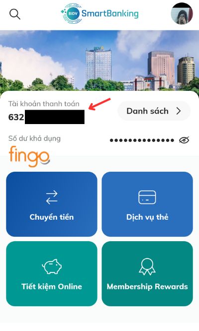 Màn hình chính có hiển thị số tài khoản của bạn.