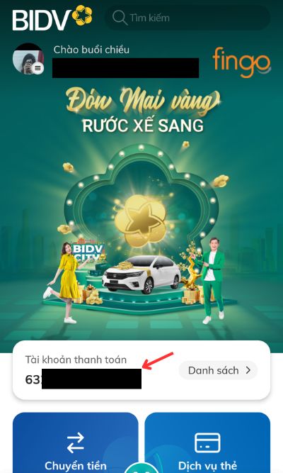 Lúc này màn hình hiển thị số tài khoản thanh toán của bạn.