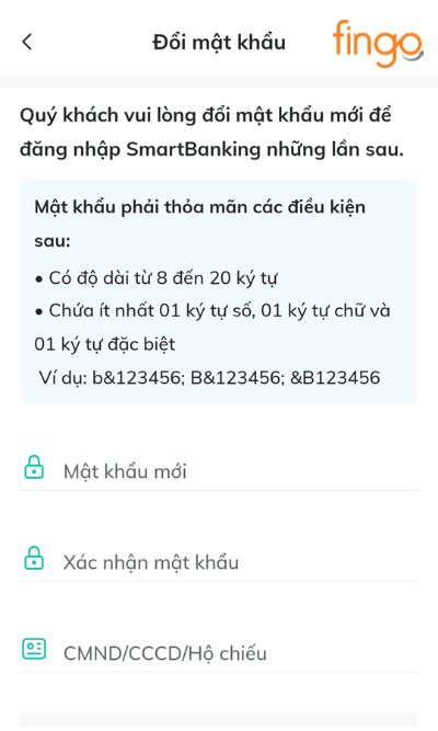 Tiến hành nhập Mật khẩu mới 2 lần, số CMND/CCCD.