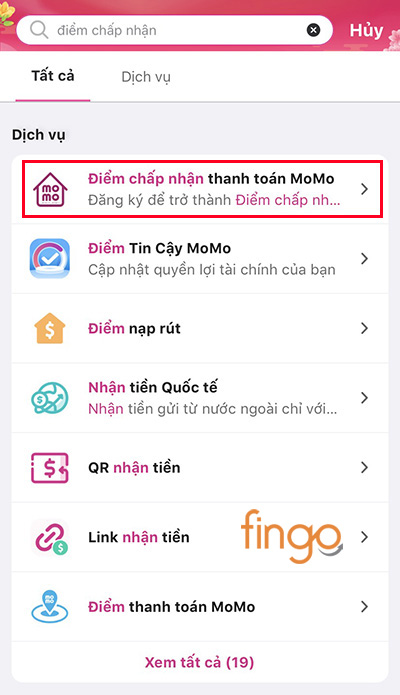 Tìm dịch vụ Điểm chấp nhận thanh toán MoMo