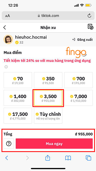 Chọn số lượng xu bạn muốn nạp vào tài khoản
