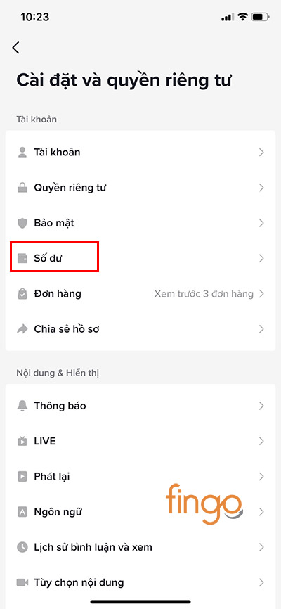 Chọn mục Số dư