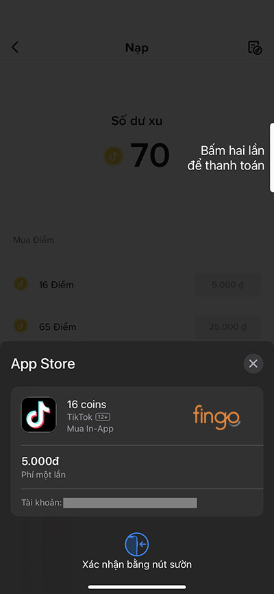 Thanh toán số tiền tương ứng với số xu bạn nạp