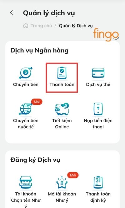Chọn mục "Thanh toán".
