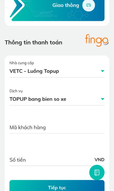 Chọn nhà cung cấp "VETC - Luồng Topup" và chọn dịch vụ "TOPUP bang bien so xe". Nhập mã khách hàng và số tiền cần nạp.