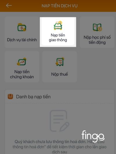 Nhấn nạp tiền giao thông để hệ thống hiển thị phần nhập thông tin