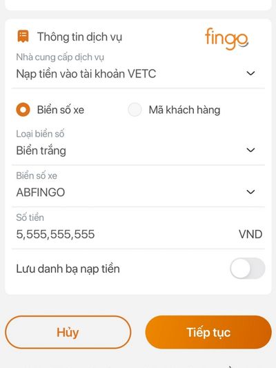 Chọn mục nạp tiền VETC và nhập thông tin, số tiền cần nạp