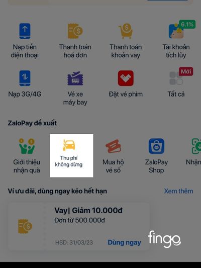 Mở ví điện tử Zalopay và chọn mục thu phí không dừng