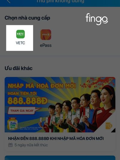 Nhấn chọn dịch vụ VETC để nhập thông tin thanh toán