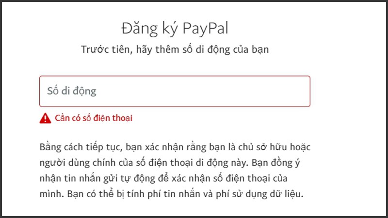 Nhập số điện thoại đăng ký Paypal