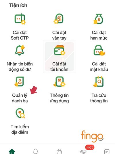 Nhấn chọn quản lý danh bạ để vào danh sách tài khoản thụ hưởng đã lưu