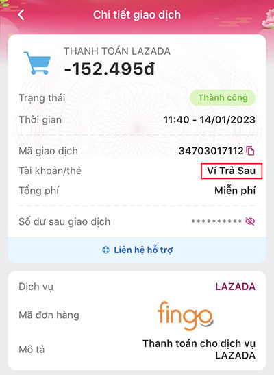 Nguồn tiền chính thanh toán Lazada là Ví Trả Sau