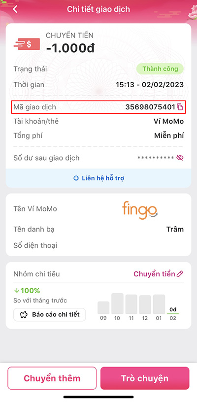 Mã giao dịch MoMo được thể hiện ngay bên trên biên lai