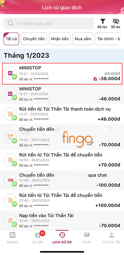 Chọn giao dịch bạn muốn xem