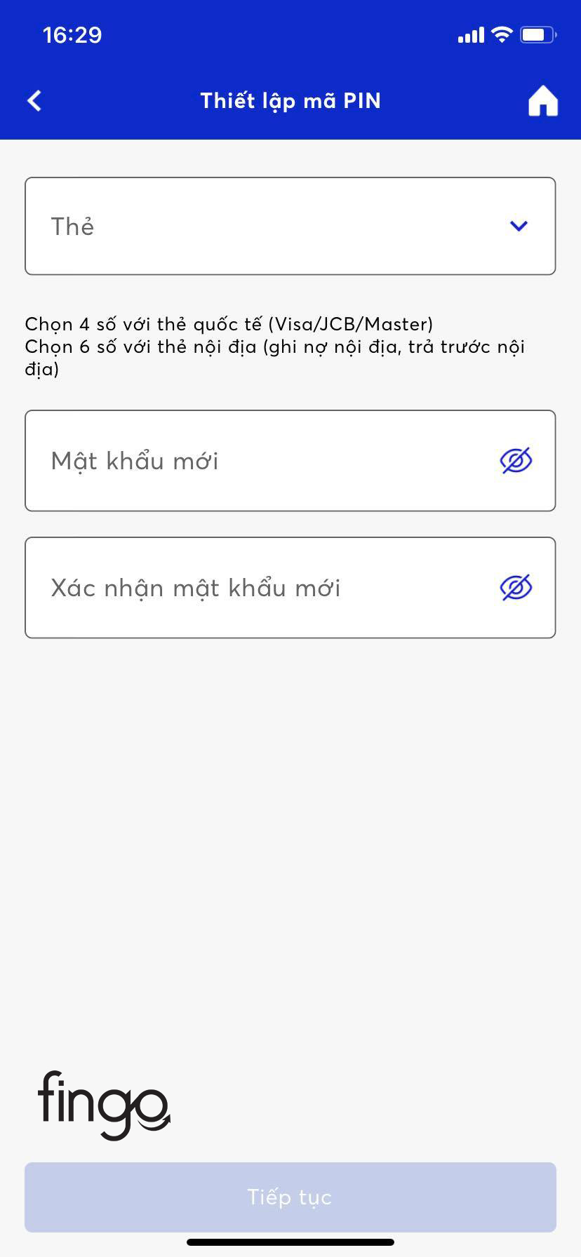 Chọn thẻ và nhập mã PIN mới