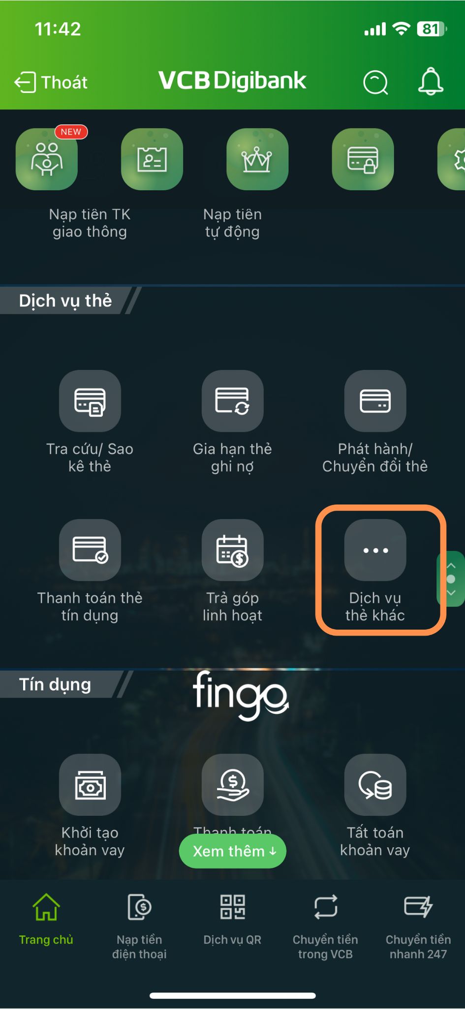 Cách khoá thẻ Vietcombank bằng Digibank bước 1