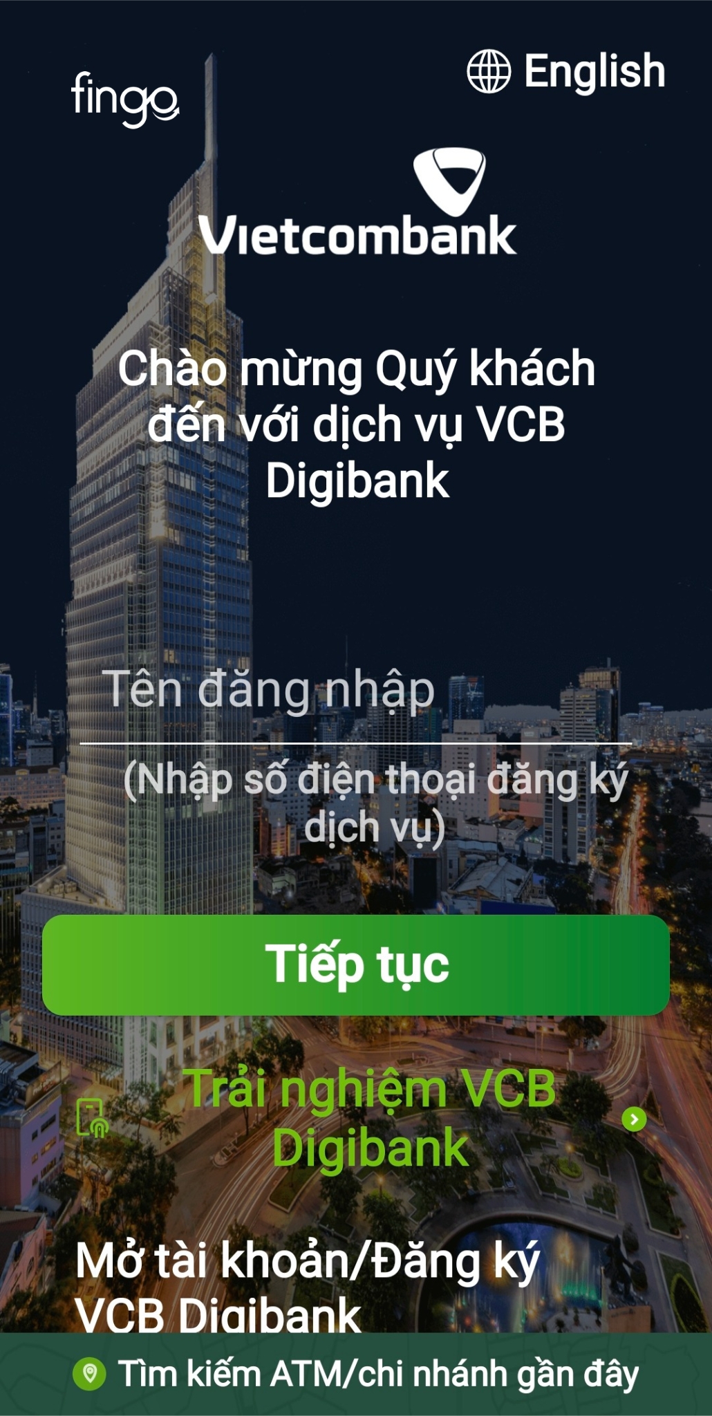 Cách đăng nhập Vietcombank trên điện thoại khác bước 1