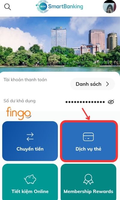 Đăng nhập tài khoản SmartBanking BIDV. Chọn Dịch vụ thẻ. 
