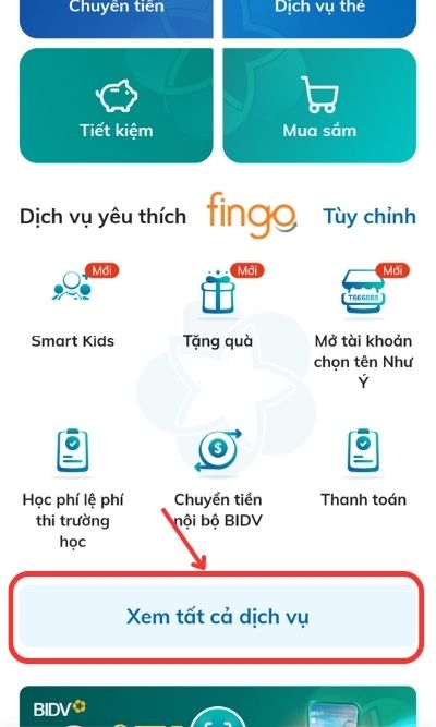 Đăng nhập ứng dụng SmartBanking BIDV, vào phần Dịch vụ.