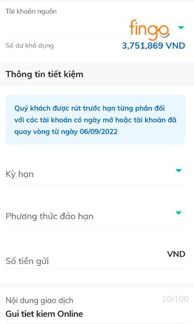 Chọn tài khoản nguồn, kỳ hạn, phương thứ đáo hạn và số tiền gửi.