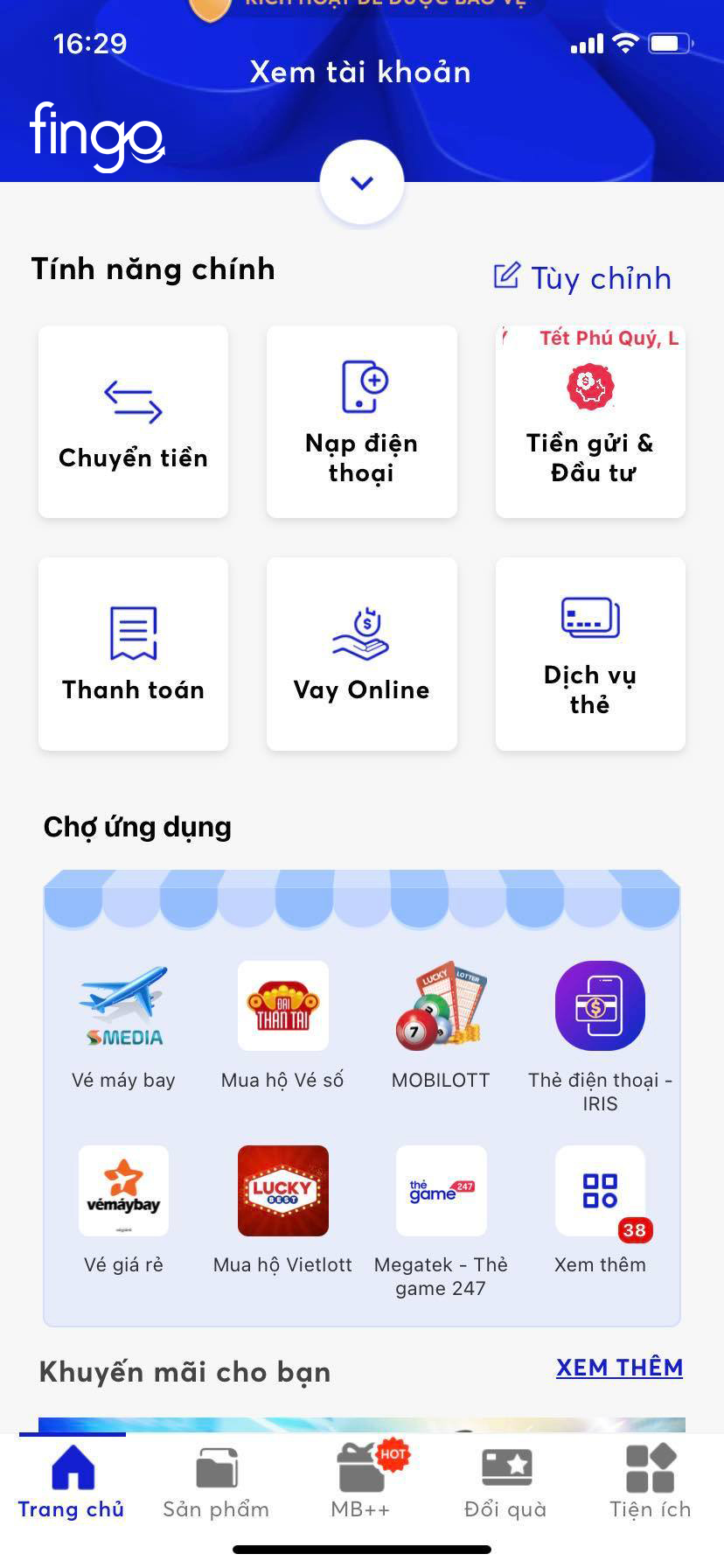 Chọn vào mục "Dịch vụ thẻ"