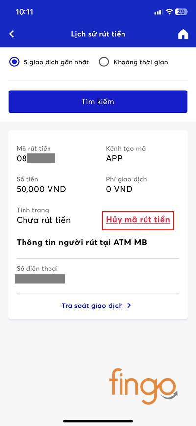 Bấm hủy mã rút tiền