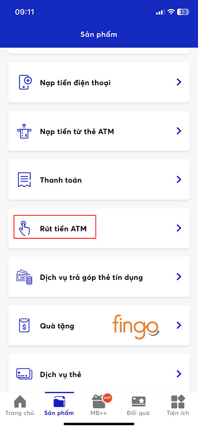 Chọn tính năng Rút tiền ATM