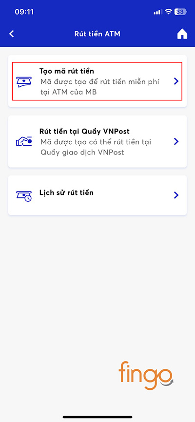Chọn Tạo mã rút tiền