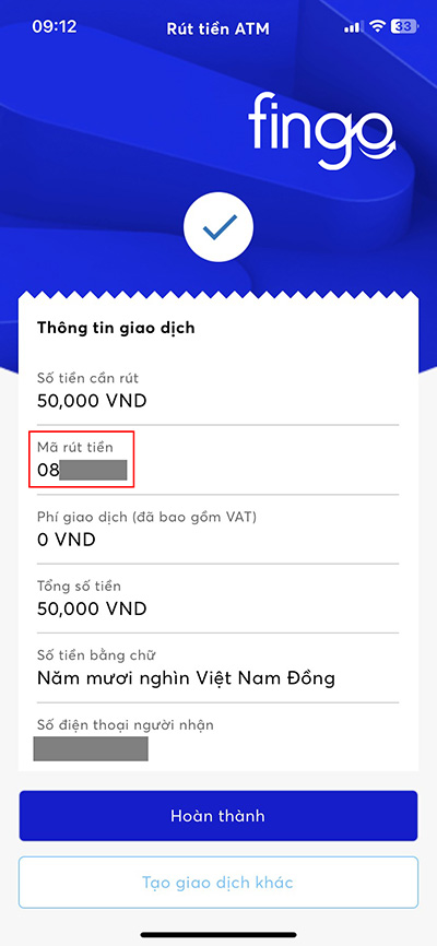 Giao dịch tạo mã rút tiền thành công