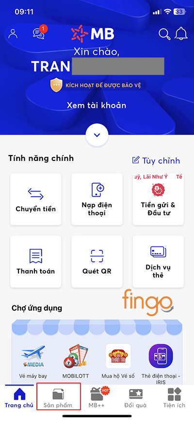 Chọn mục Sản phẩm