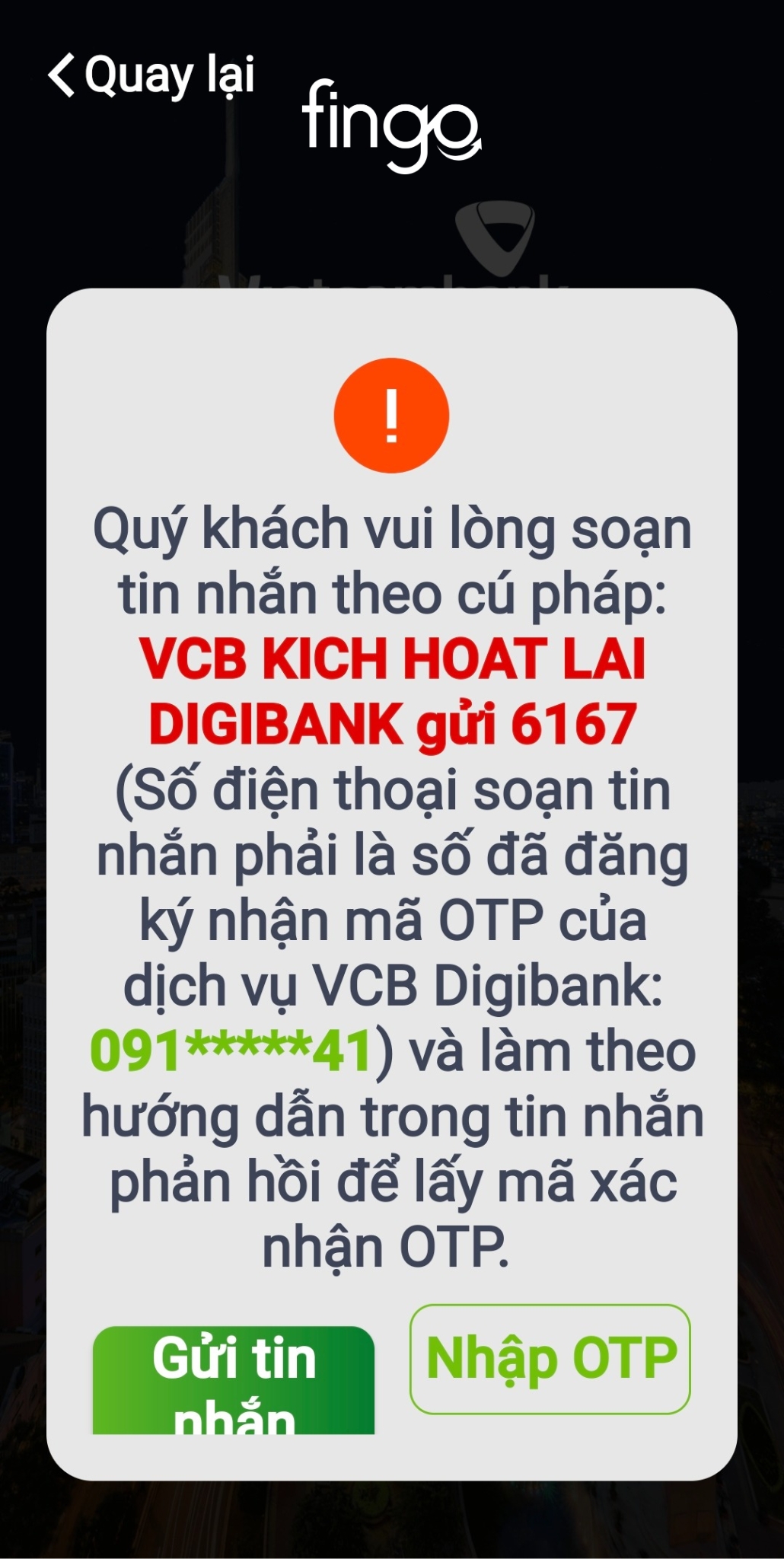 Cách đăng nhập Vietcombank trên điện thoại khác bước 3