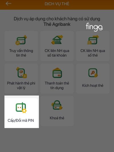 Nhấn dịch vụ cấp đổi mã pin để tiến hành đổi mã pin Agribank