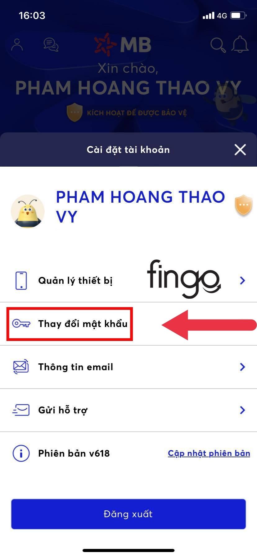 Chọn vào mục "Thay đổi mật khẩu"