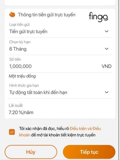 Nhập thông tin và xác nhận điều khoản để đăng ký gửi tiết kiệm 